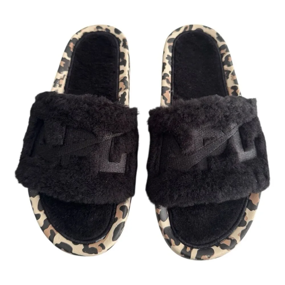 APL Women’s Shearling Furry Slide Sandals in Black/Leopard Size 8‎